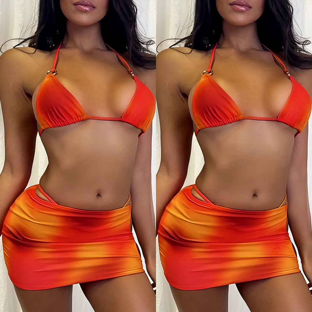 Solid colour tie-dye gradient three-piece halter bikini swimwear set with skirt