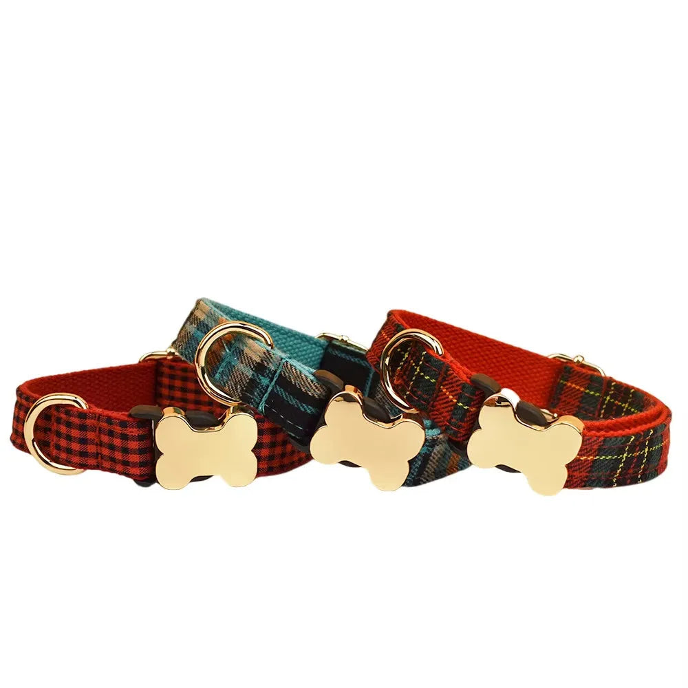 Nylon dog collar with grid pattern print and bone-shaped buckle in multiple colour options