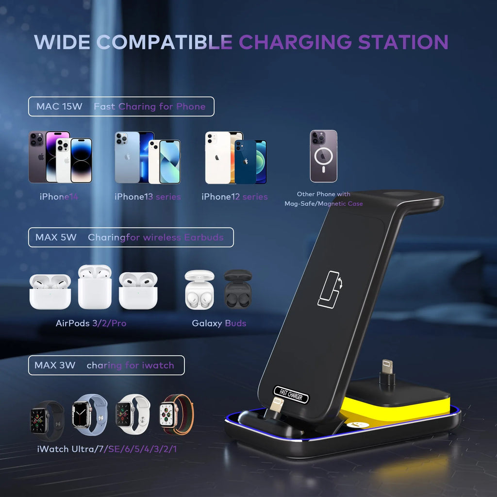 Black vertical wireless charger showing phone, watch and headset charging simultaneously