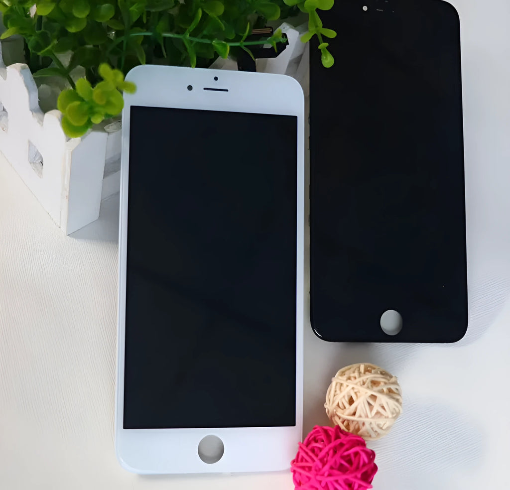 iPhone LCD screen replacement kit showing display, original cover, and disassembly tool