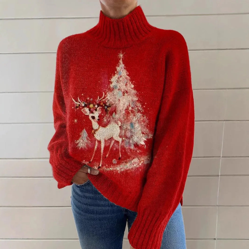 Women's Christmas printed turtleneck sweater in macaron colours with loose fit design