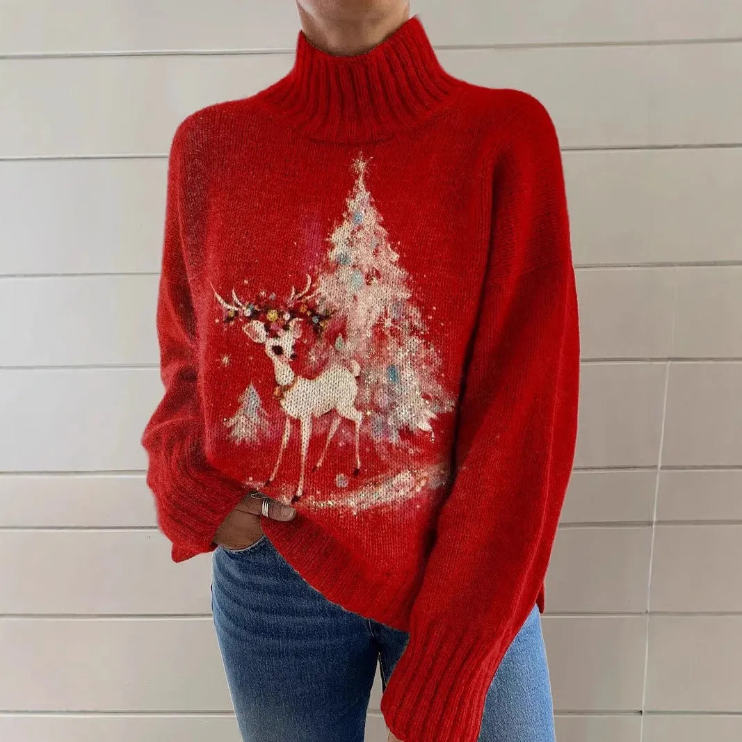 Women's Christmas printed turtleneck sweater in macaron colours with loose fit design