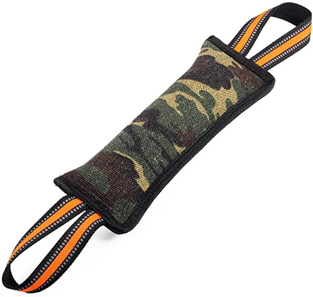 Reflective jute dog training bite stick 55cm with yellow edge on plain background