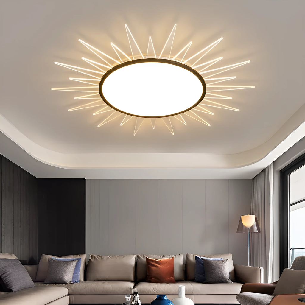 Modern round aluminium LED ceiling lamp with remote control for dimmable tricolour light.