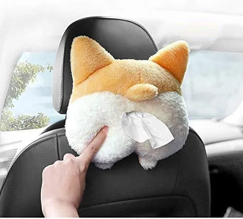 Yellow corgi butt shaped tissue box cover with elastic strap for car sun visor