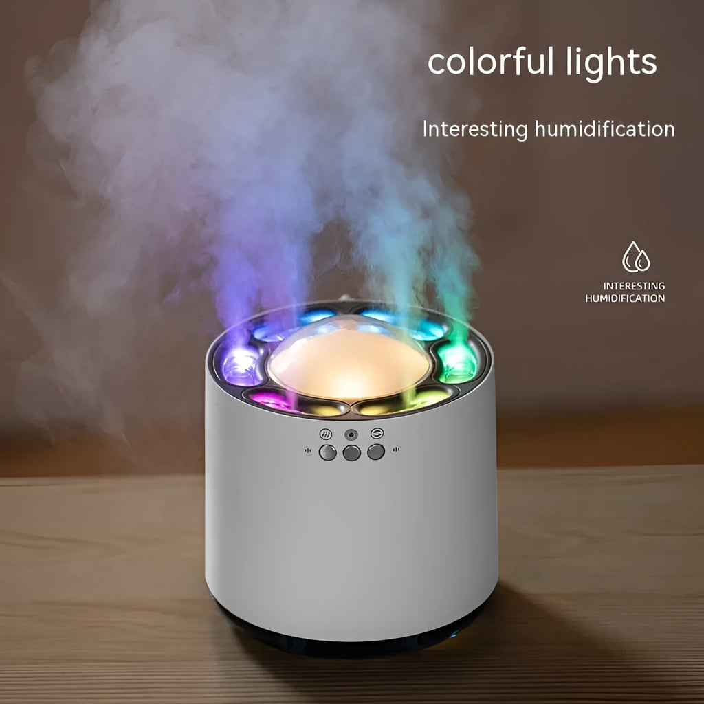 Simple white column desktop humidifier with colourful ambient lighting and six ultrasonic spray ports, 800mL tank, USB powered.