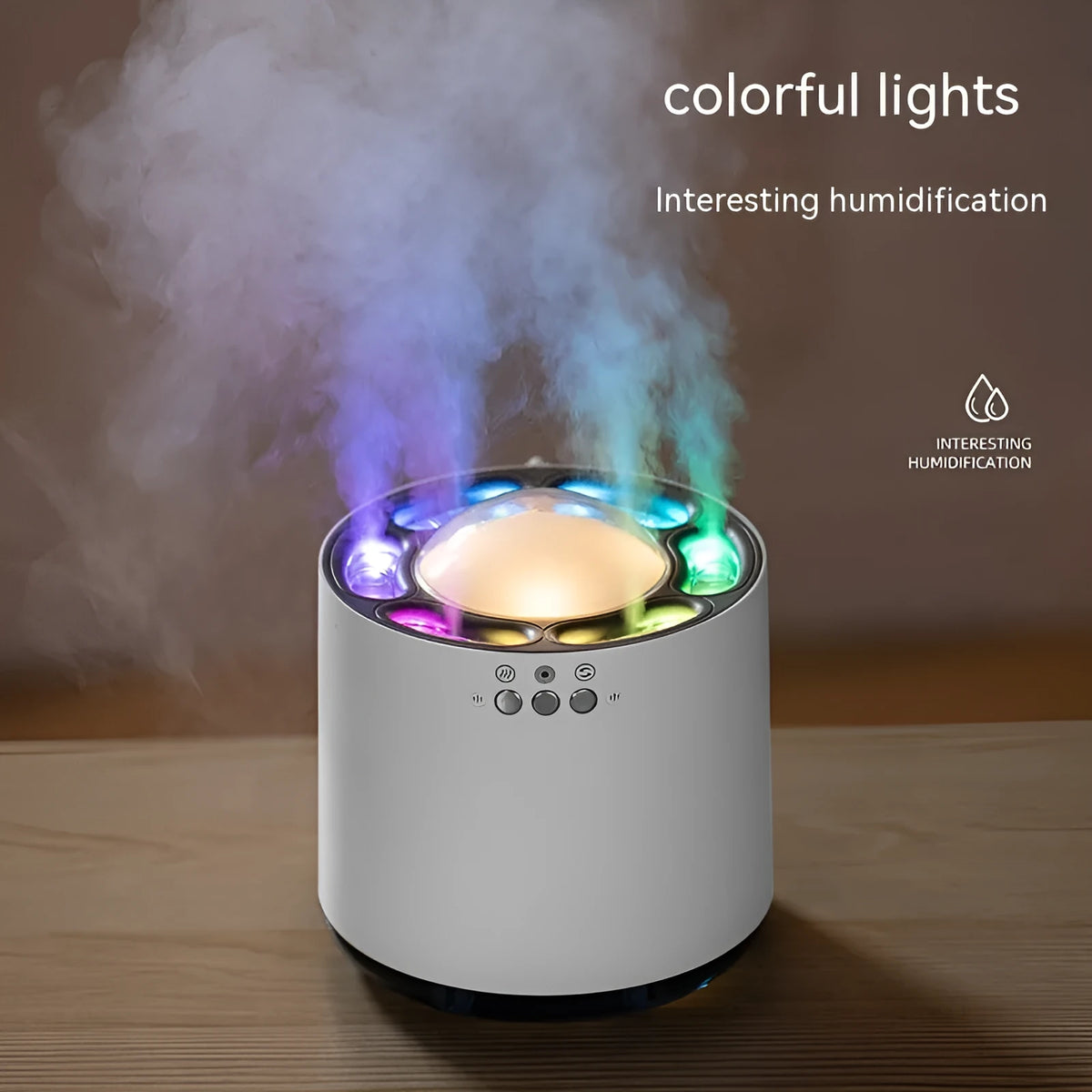 Simple white column desktop humidifier with colourful ambient lighting and six ultrasonic spray ports, 800mL tank, USB powered.