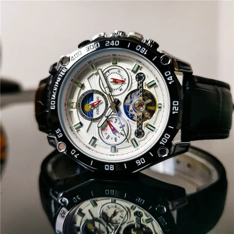 Men's automatic mechanical watch with a slim 12mm case shown in multiple colour variants.