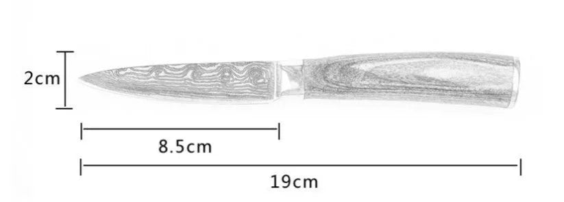 7Cr17 stainless steel chef knife with 18cm blade, laser Damascus pattern, and coloured wood handle