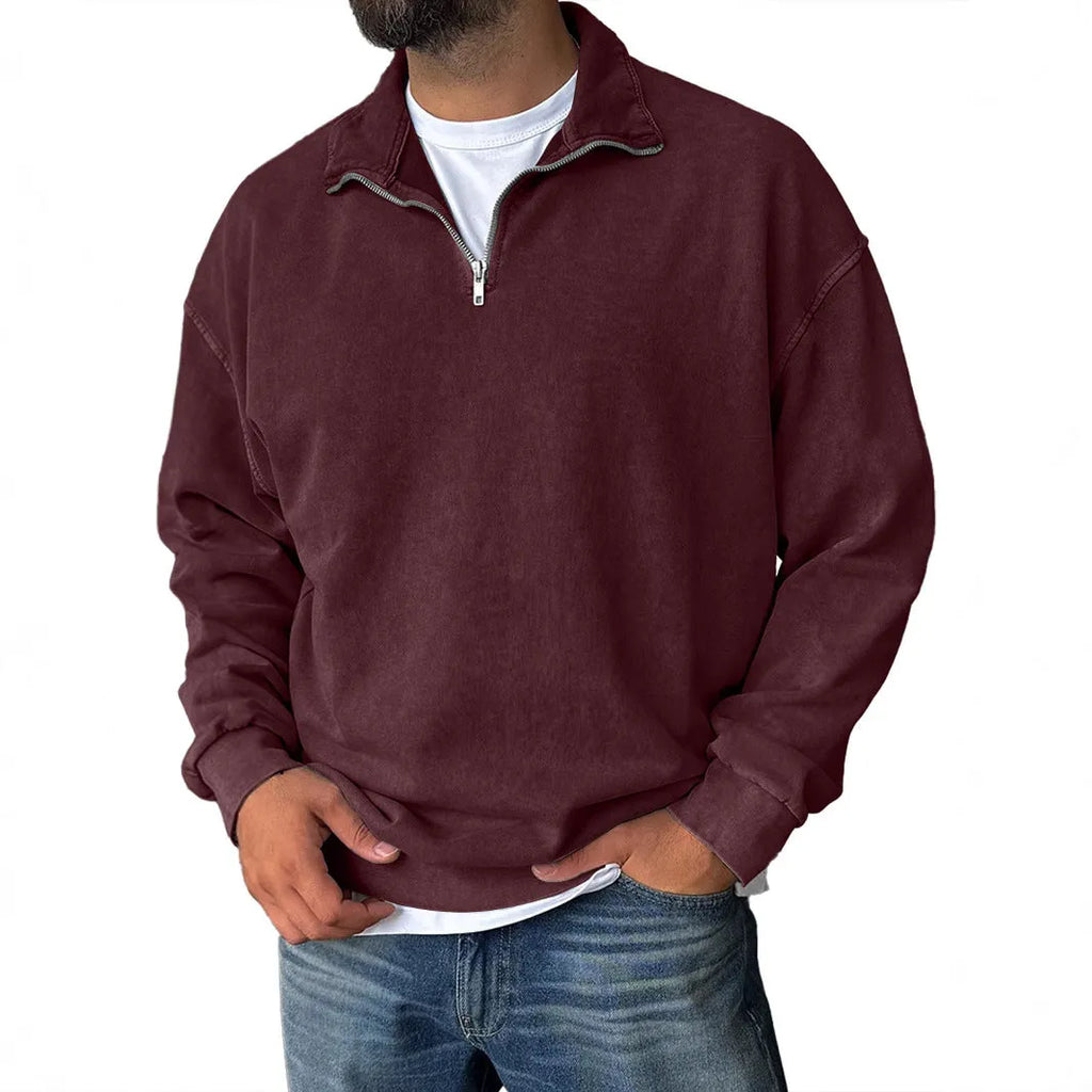 Men's loose drop shoulder stand collar cotton sweatshirt in solid colour, long sleeves, pullover style, stone-washed finish
