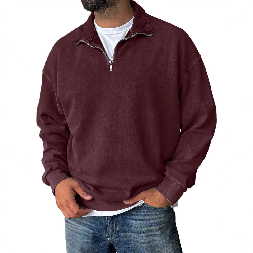 Men's loose drop shoulder stand collar cotton sweatshirt in solid colour, long sleeves, pullover style, stone-washed finish