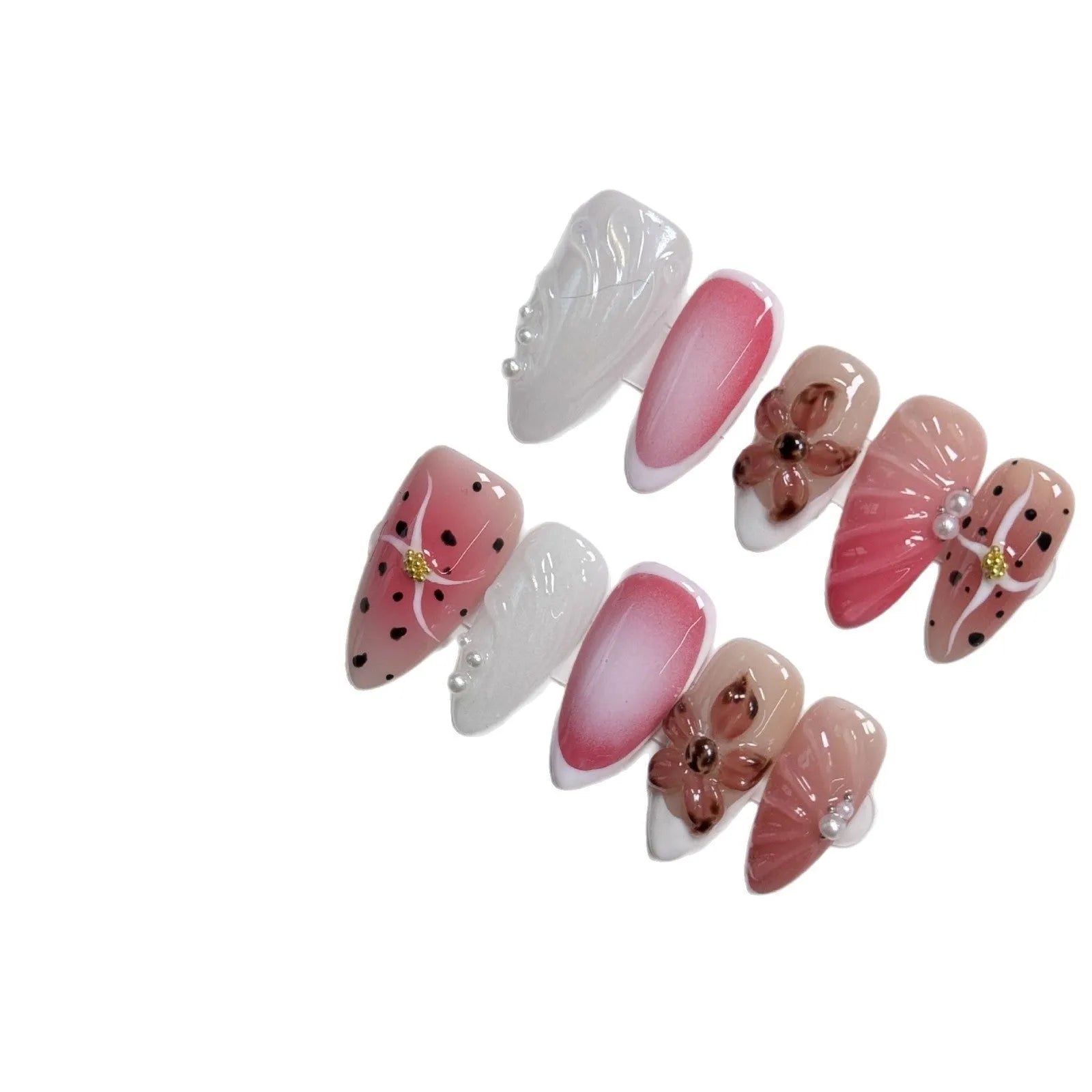 Hand-painted 3D carved nail beauty patches in embossed candy patterns on almond-shaped nails.