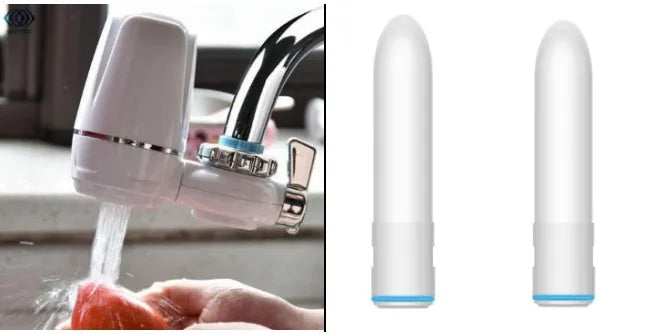 White plastic faucet water filter unit with ceramic core and universal thread adapters for kitchen tap installation.