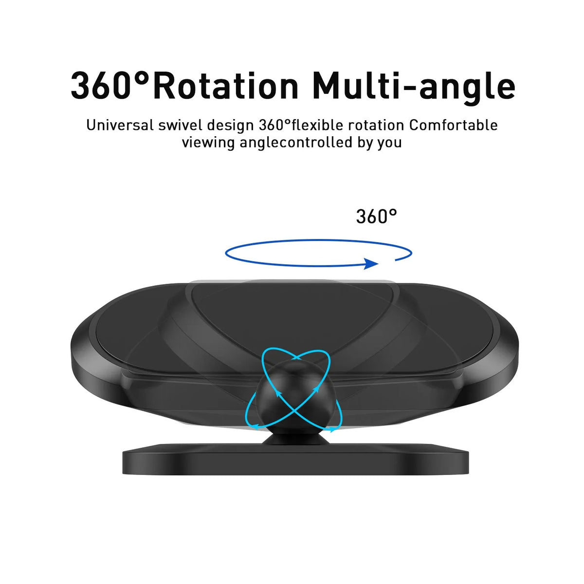 Black ABS 360-degree rotating magnetic car phone holder on dashboard with smartphone attached in portrait mode