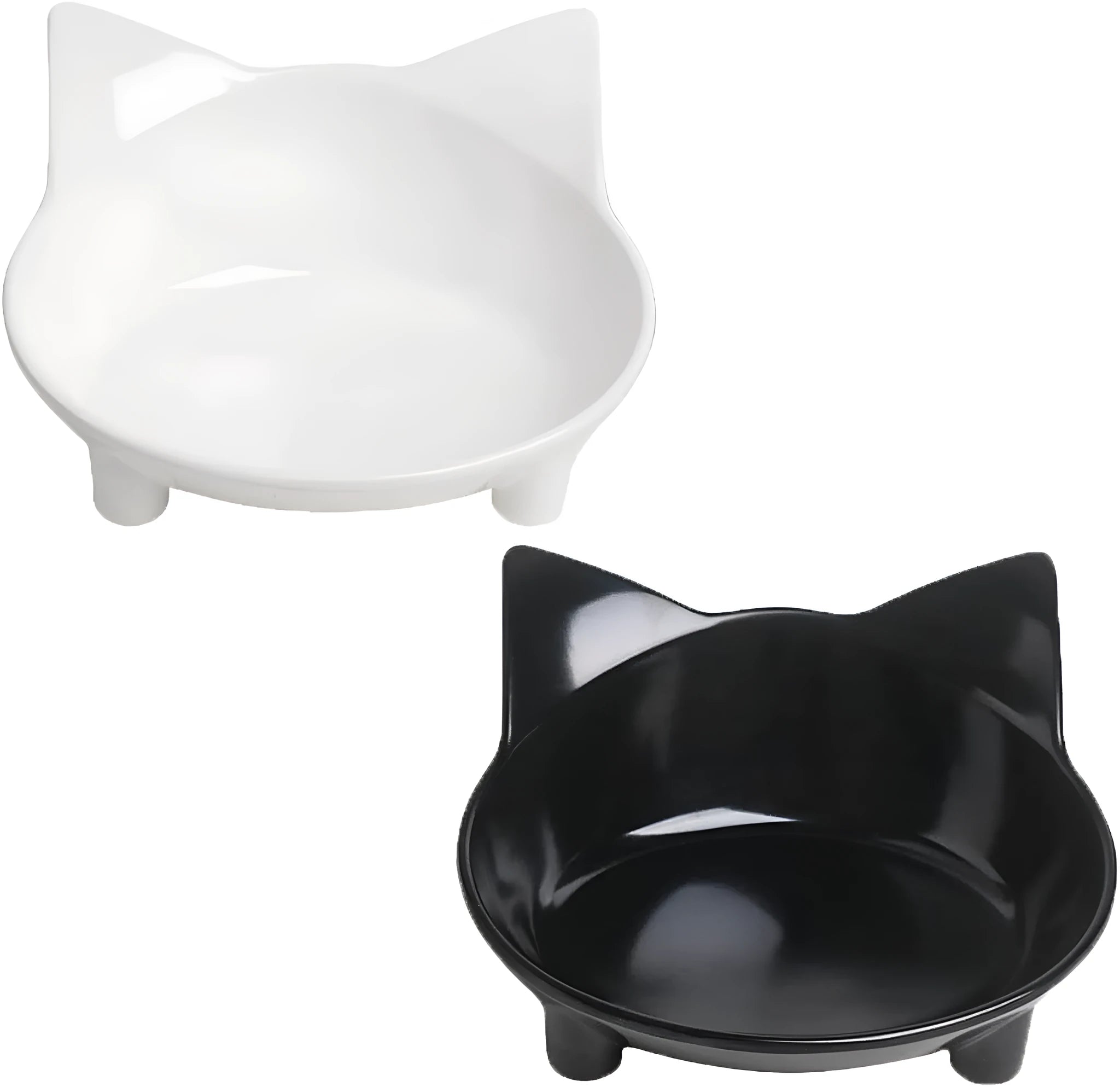 White shallow cat bowl with non-slip rubber base on a table.