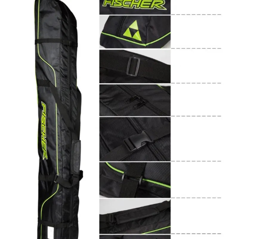 Black ski gear bag made from waterproof Oxford material, available in 165cm and 175cm sizes, holding skis and boots