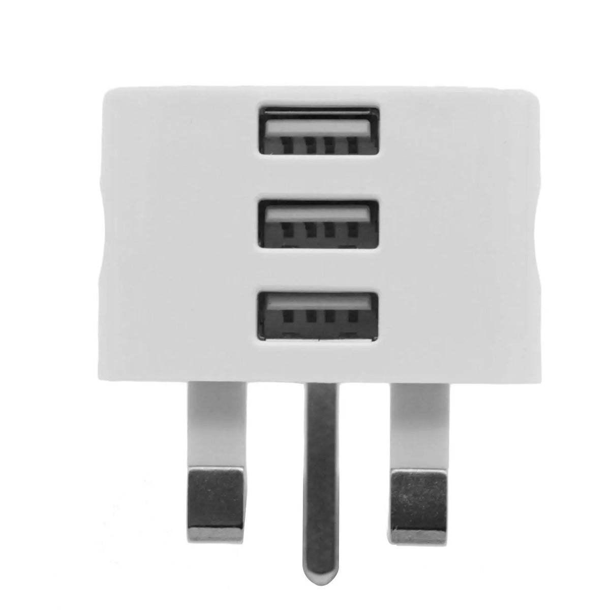 White UK plug USB wall charger with three USB ports, ABS body, 4.5x4.5x5cm, compatible with iPhone