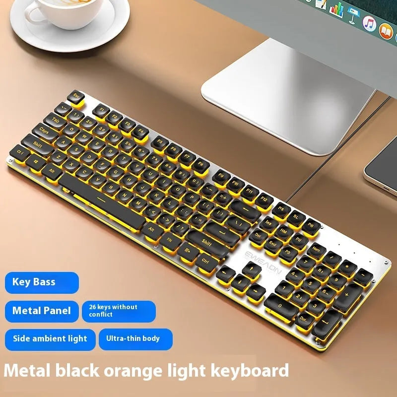 Wired mechanical feel keyboard with mute button in ABS plastic, showing white light variant