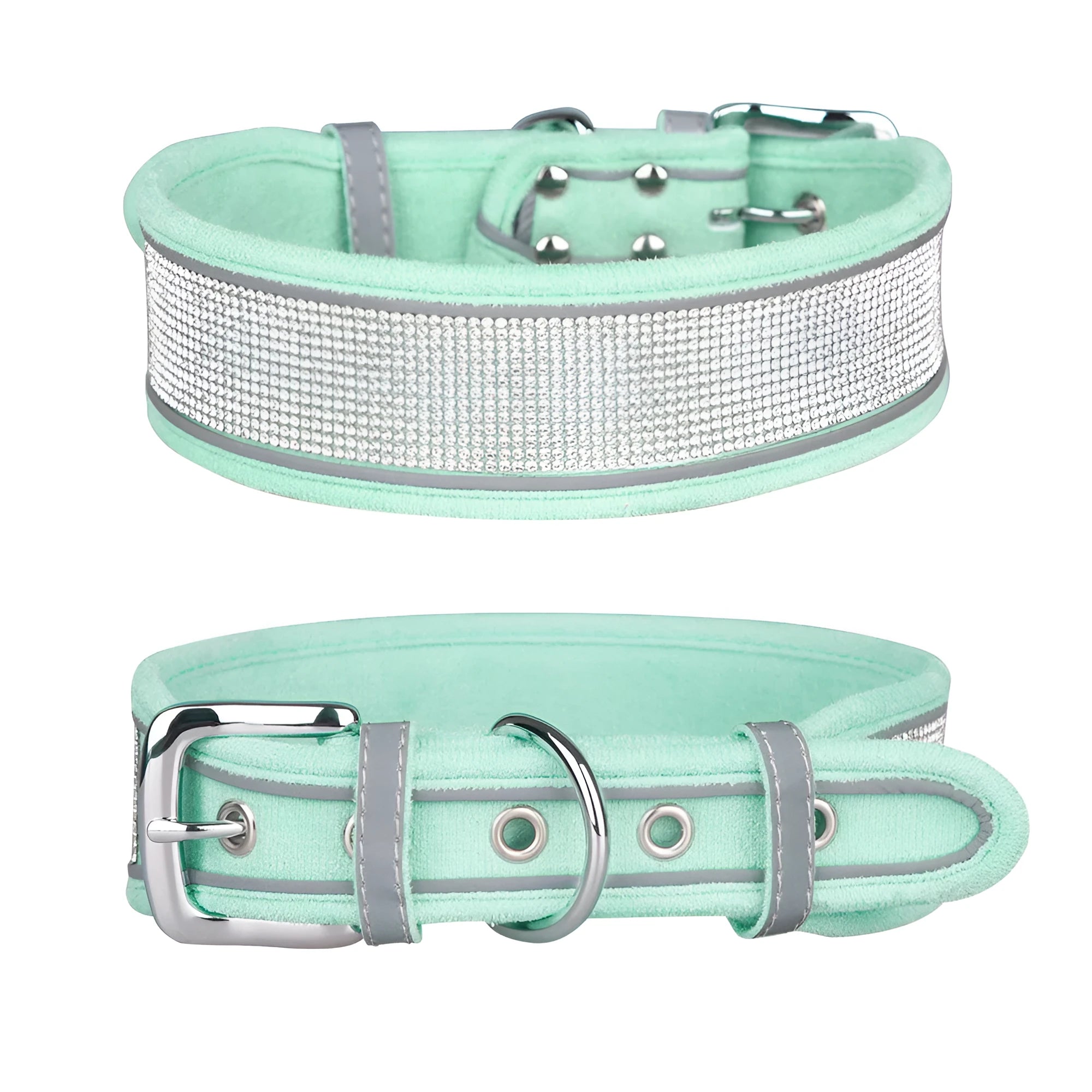 Suede reflective dog collar with hand rope, available in S M L sizes and multiple rhinestone colours
