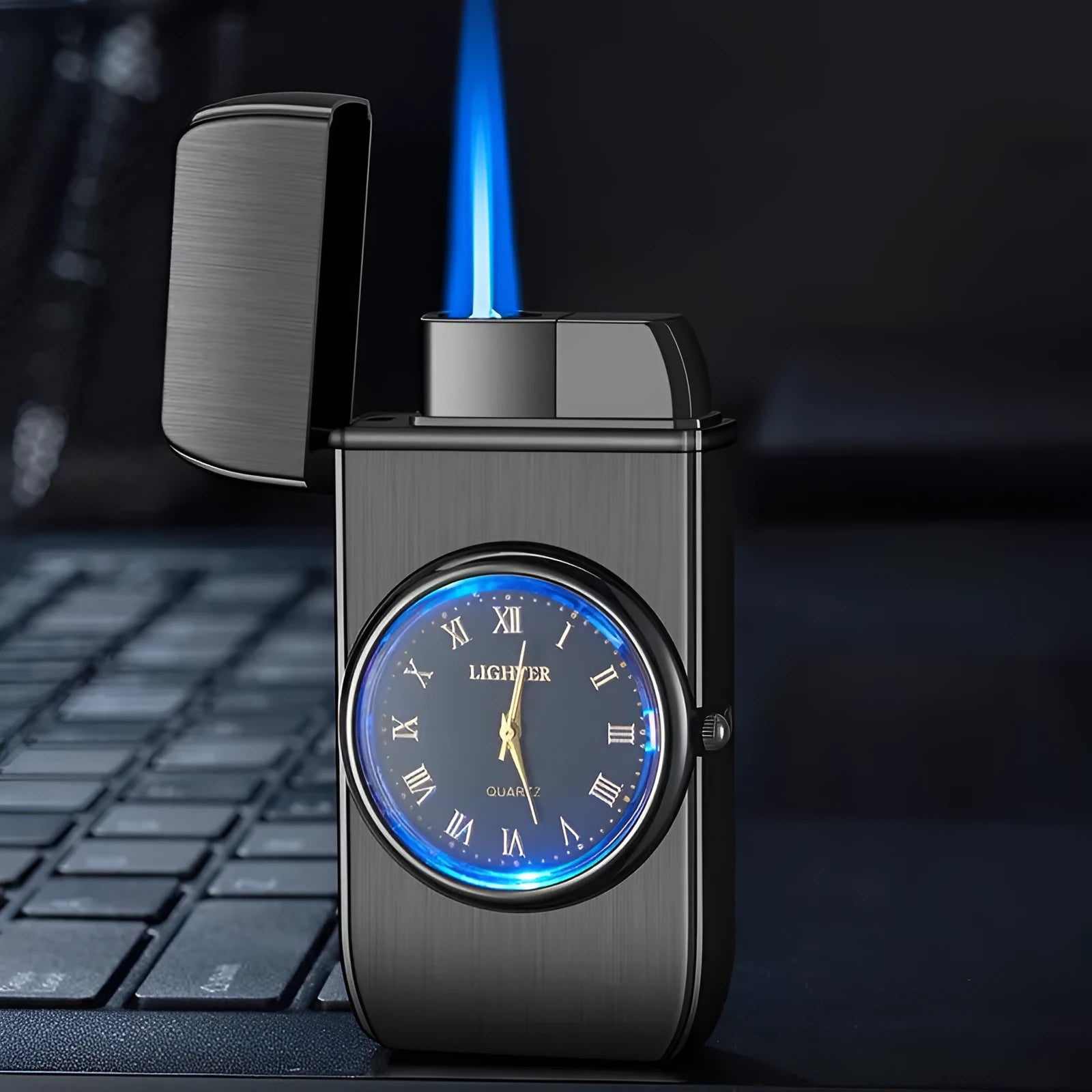 Windproof torch lighter with watch design, zinc alloy body, black brushed finish, 76x38x155mm