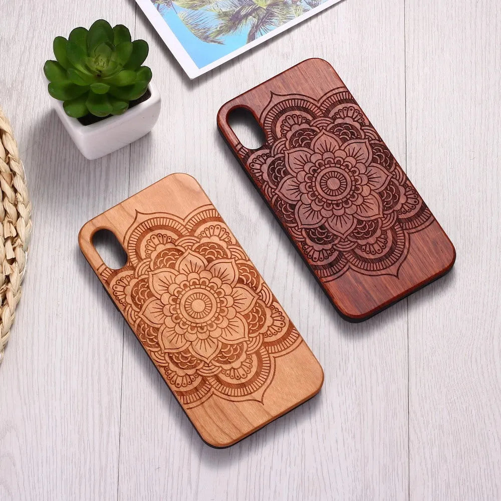 Mandala stick wood TPU phone case with laser-carved design for iPhone, brown finish