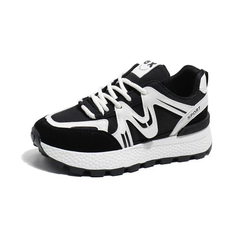 Women's black platform casual shoes with round toe and front lace-up fastening