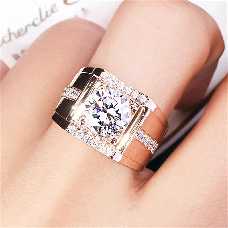 Men's adjustable opening ring with geometric diamond design in rose gold, gold, or platinum electroplated finish