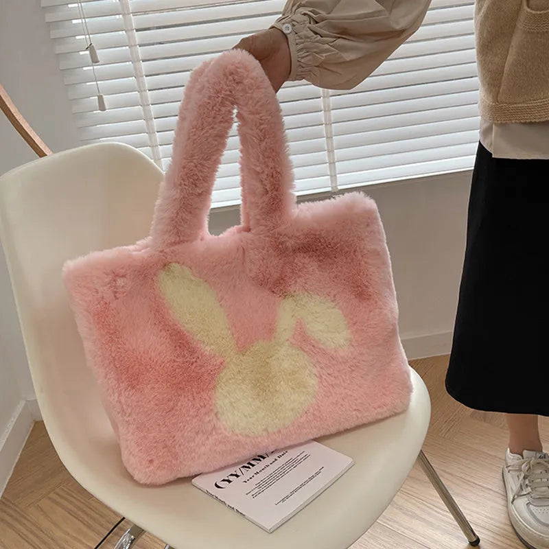 Plush rabbit ears shoulder tote bag in six colours for women's autumn winter shopping
