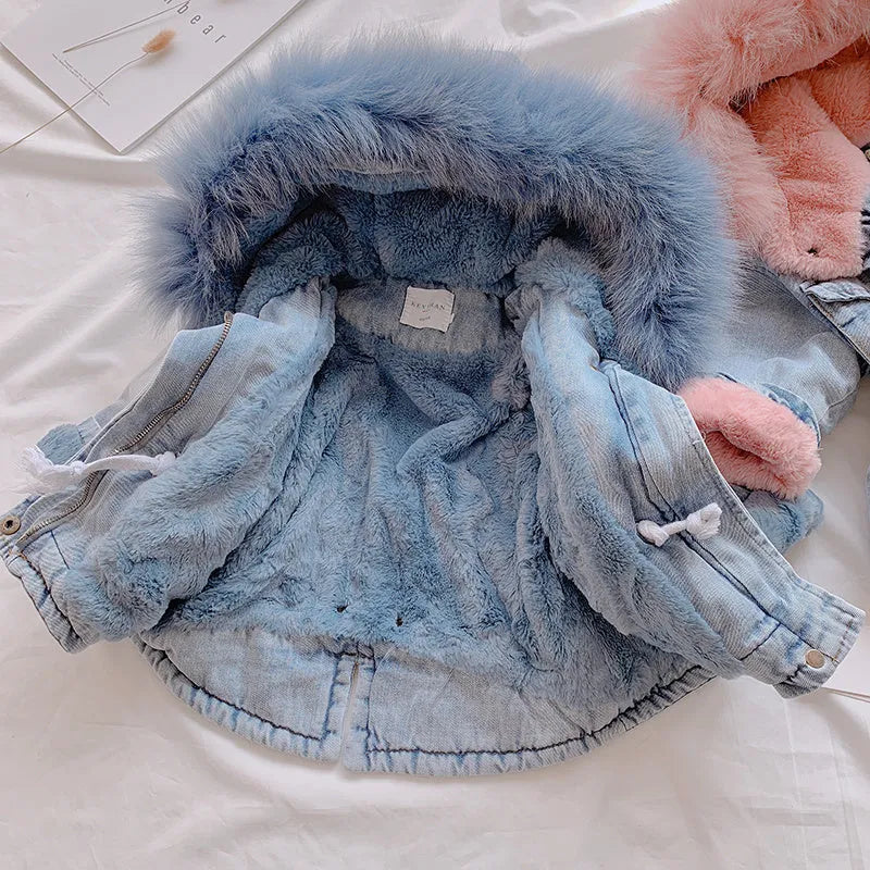 Girls blue denim coat with attached hood and plus velvet lining