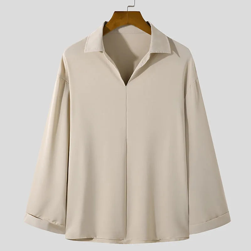 Men's loose lapels casual shirt in thin polyester fabric with long sleeves