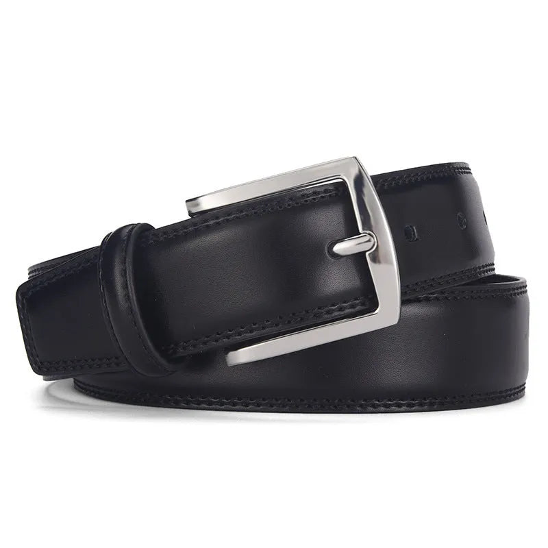 Men's leather belt with alloy pin buckle in genuine cowhide showing classic black colour option