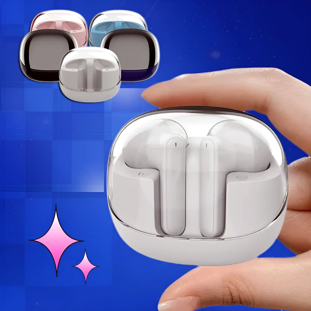 Wireless Bluetooth 5.3 transparent mini earbuds with 9D stereo sound, ergonomic fit, black colour