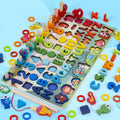 Wooden 3D alphabet and number puzzle toy with multicolour geometric pieces for toddlers.