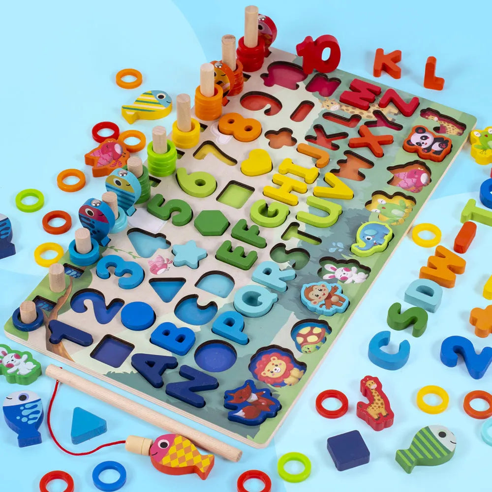 Wooden 3D alphabet and number puzzle toy with multicolour geometric pieces for toddlers.