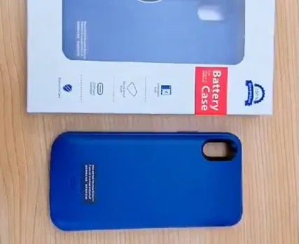 Shockproof silicone battery charger case for iPhone in black, blue, pink, or white, showing integrated high-capacity battery.
