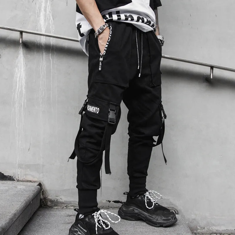 Men's black casual cone-type hip hop trousers, mid-waist, no belt, Asian sizing M-2XL