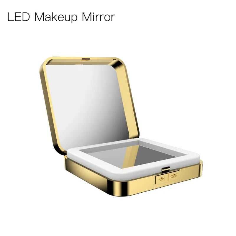 Black and white lighted makeup mirror showing magnifying side and adjustable LED light controls.