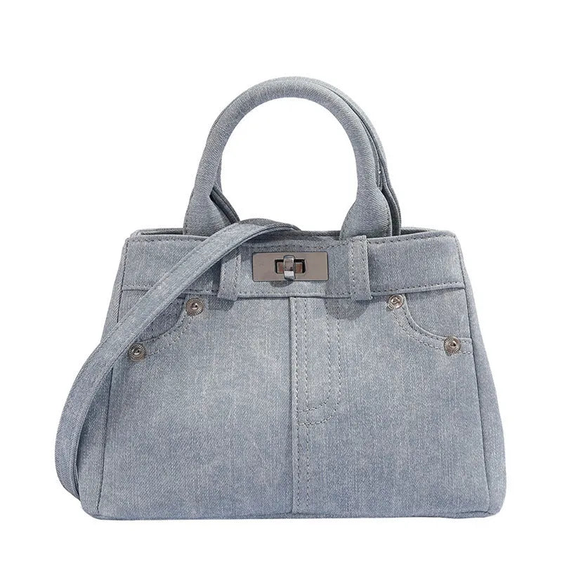 Women's denim blue casual shoulder bag made from soft PU leather with standard size dimensions