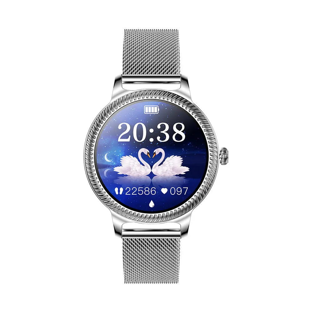 AK38 ladies smart watch with stainless steel Milanese mesh band and colour screen displaying time.