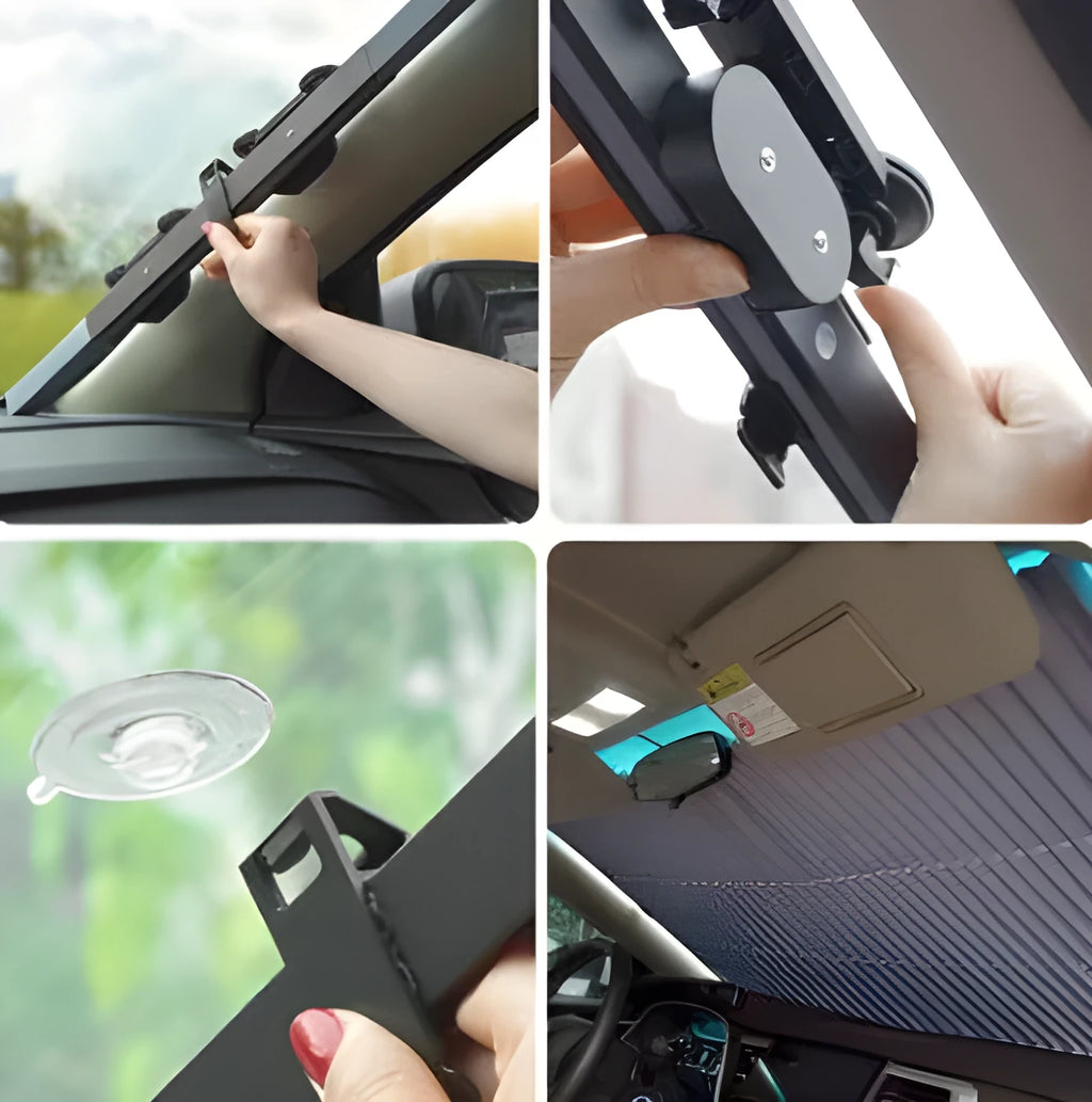 Car sun visor of aluminised film measuring 46cm sliding into position on a car windscreen