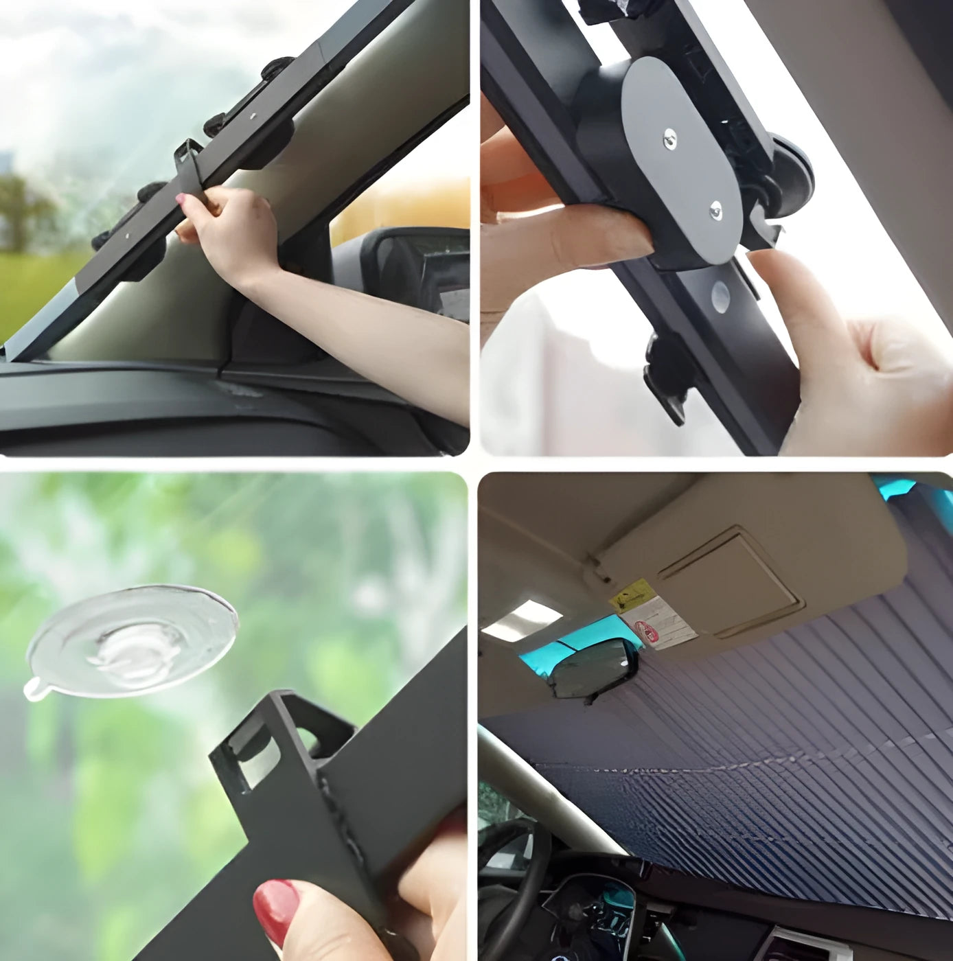 Car sun visor of aluminised film measuring 46cm sliding into position on a car windscreen