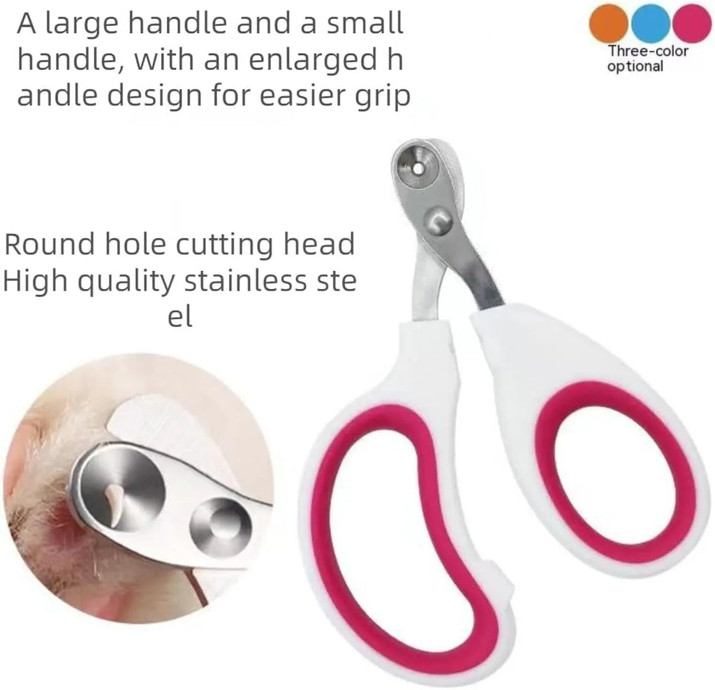 Blue cat nail clippers with circular hole design and ergonomic non-slip handle on a white background