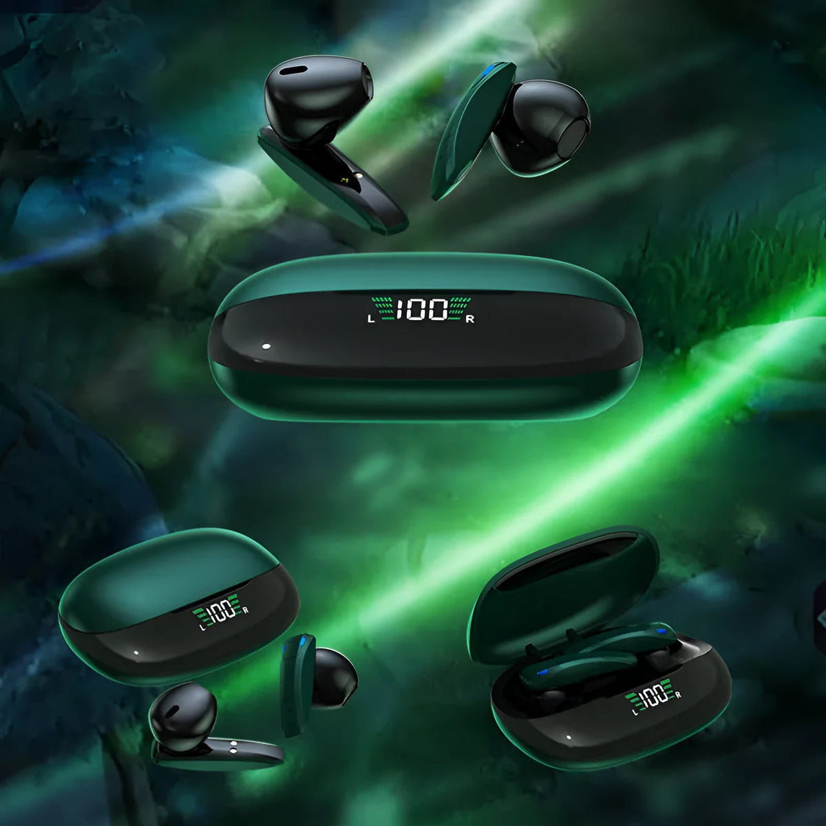 Y2 green wireless Bluetooth gaming earbuds with charging case and LED power display