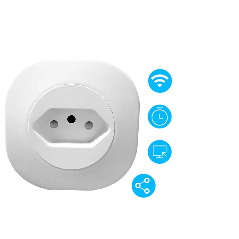 A white smart socket plug with WiFi voice control, showing EU plug pins.