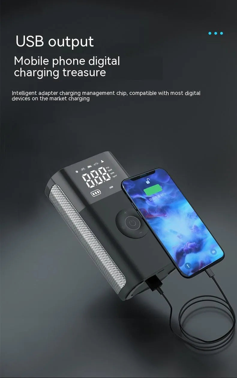 Handheld wireless digital car tyre inflator with LCD screen, made from black ABS plastic, shown with charging cable and nozzle adaptors.