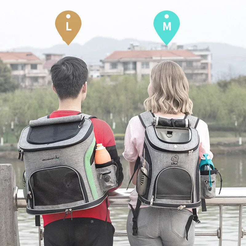 Breathable pet backpack in gray, showing mesh ventilation panels and zippered entry, for cats and dogs up to 20 kg