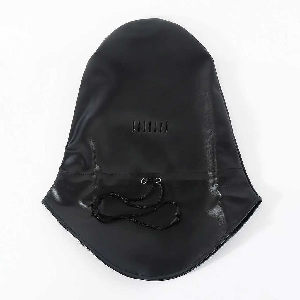 Black leather breathable training mask with adjustable fastenings for bondage roleplay