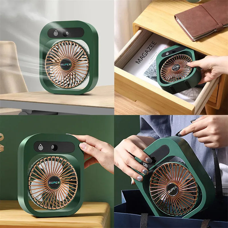 Green and white portable USB misting fan with water tank and adjustable air vent on a desk.