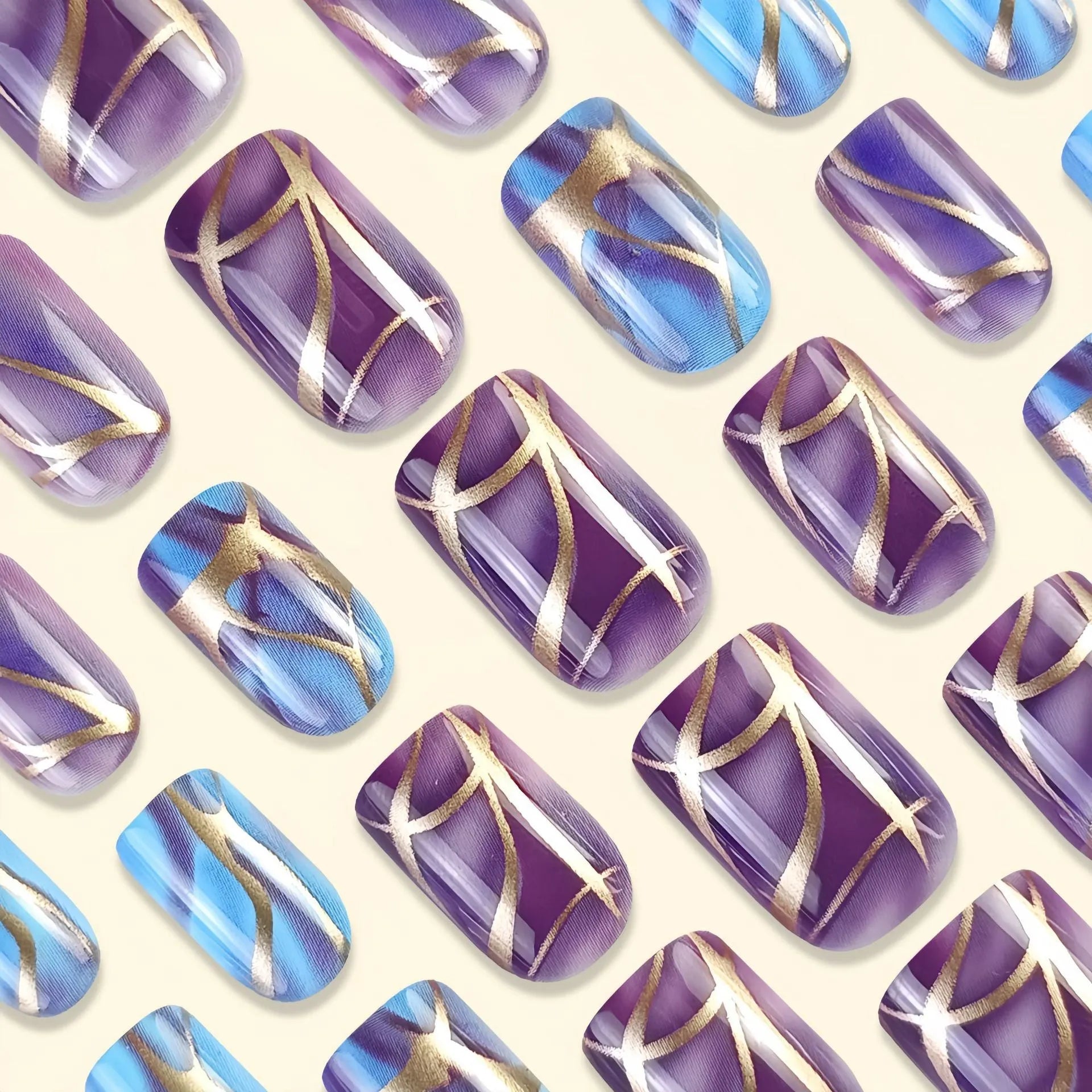 Purple striped nail stickers medium length European style with jelly glue adhesive