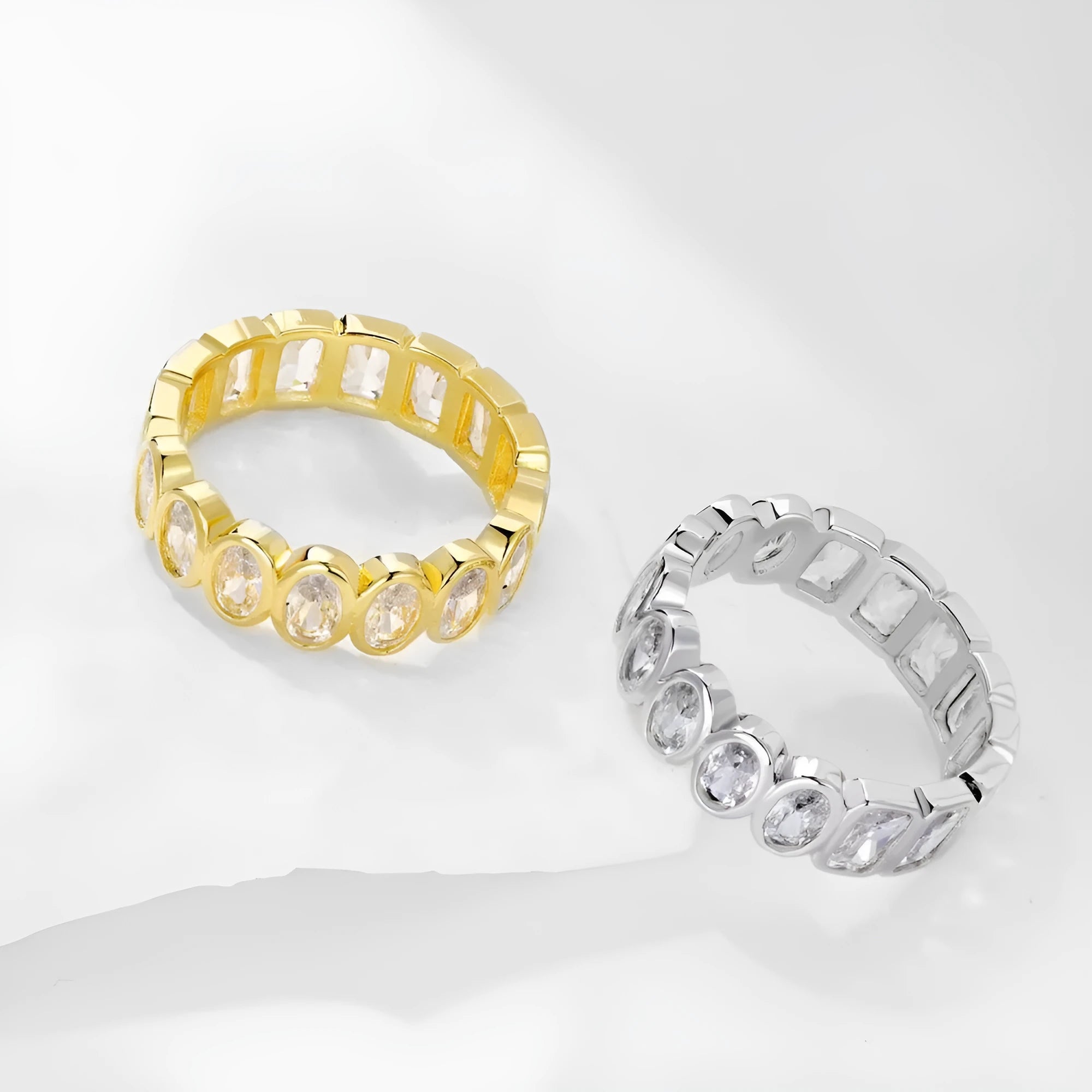 S925 sterling silver geometric stackable ring with full diamond oval rectangular surface on white background